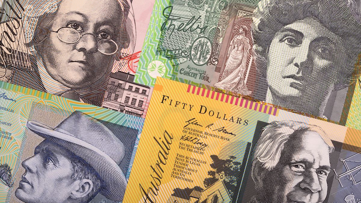 A close-up of Australian banknotes